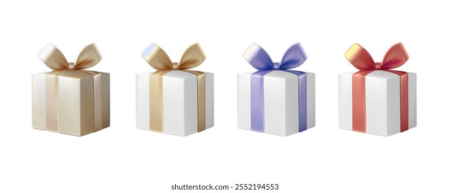 3d realistic vector icon illustration. Set of figt box presents with colorful ribbons. Gift box with bow isolated on white background.