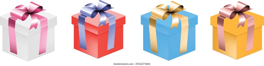 Ilustración realista del icono del Vector 3D. Conjunto de cajas de regalo blancas con lazo de cintas sedosas rojas, azules o doradas. Caja presente aislada en el fondo blanco. Vector editable