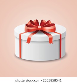 3d realistic vector icon illustration. Set of white gift boxes with red silky ribbons bow. Present box isolated on white background.