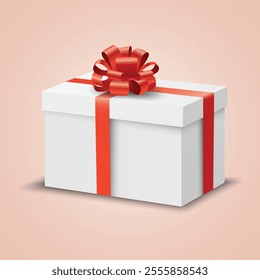 3d realistic vector icon illustration. Set of white gift boxes with red silky ribbons bow. Present box isolated on white background.