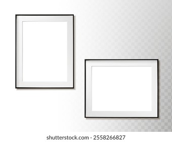 3d realistic vector icon illustration. Horizontal and vertical orientation. Black picture frame hanging on a background.