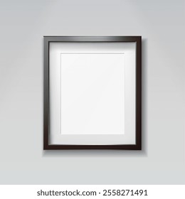 3d realistic vector icon illustration. Black picture frame hanging on a gray background.