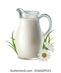 3d realistic vector icon illustration. Dairy farm. Milk jug with green grass and flowers.