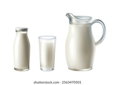 3d realistic vector icon illustration. Fresh farm milk. Bottle, milk jug, glass of milk.