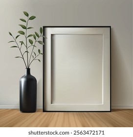 3d realistic vector icon illustration. Black picture frame on the wooden floor with plant in a vase.