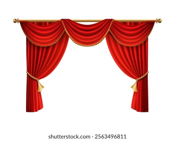 3d realistic vector icon illustration. Movie cinema or opera hall. Red velvet curtain prapery. with golden elements and tessels. Isolated.