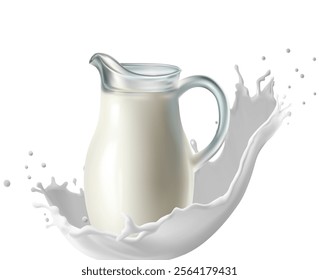 3d realistic vector icon illustration. Milk jug in a splash of fresh milk. Isolated on white background. Dairy farm.