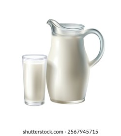 3d realistic vector icon illustration. Milk jug and transparent glass of milk. Isolated on white background.