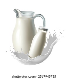 3d realistic vector icon illustration. Dairy farm. Fresh milk splash with milk jug and bottle. Isolated on white background.