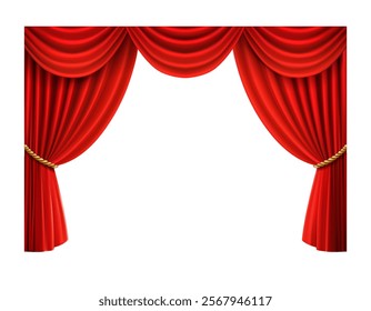 3d realistic vector icon illustration. Movie cinema or opera hall. Red velvet curtain prapery. with golden elements and tessels. Isolated.