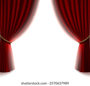 3d realistic vector icon illustration. Movie cinema or opera hall. Red velvet curtain prapery. with golden elements and tessels. Isolated.