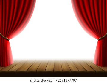 3d realistic vector icon illustration. Movie cinema or opera hall. Red velvet curtain drapery, wooden theatre stage. Isolated.