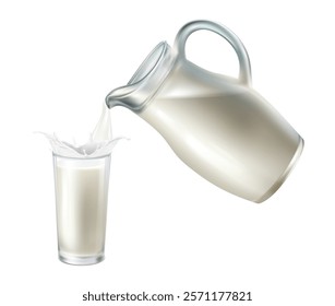 3d realistic vector icon illustration. Glass of milk and milk pouring from a jug. Isolated on white background. Fresh milk, dairy farm.