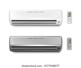 3d realistic vector icon illustration. Air conditioner with remote control. Isolated on white background.