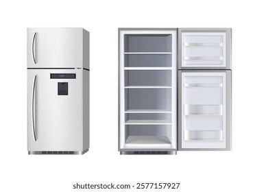 3d realistic vector icon illustration. Kitchen appliance, two doors frigde closed and open, empty with shelves. 