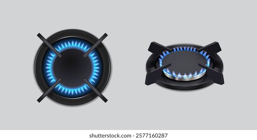 3d realistic vector icon illustration. Kitchen appliance. Gas cooking stove blue fire burner in top and side view. 