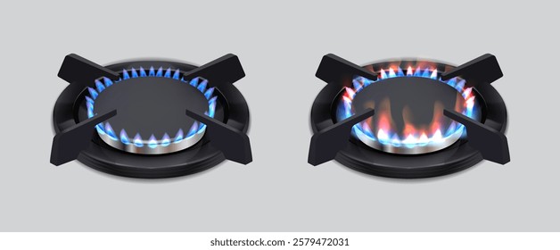 3d realistic vector icon illustration. Kitchen appliance. Gas cooking stove blue fire burner in side view. 