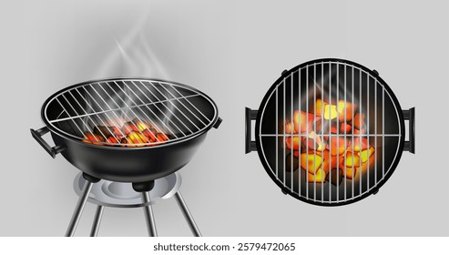 3d realistic vector icon illustration. Cooking appliance, meat barbecue grill with hot fire coals and smoke in top and side view. 