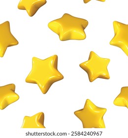 3d realistic vector icon illustration. Seamless pattern. Yellow cartoon style shiny stars on white background.