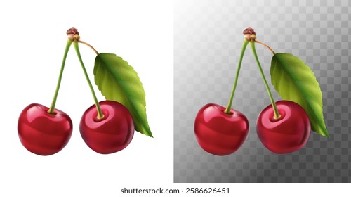 3d realistic vector icon illustration. Two fresh red cherries with stem and leaf. Isolated on white background.