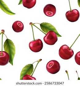 3d realistic vector icon illustration. Flying fresh red cherry berries with stem and leaf or without. Seamless pattern for wallpaper print, fabric or lyer, banner.