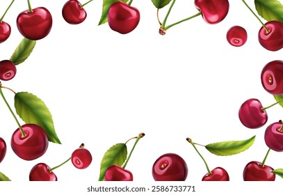 3d realistic vector icon illustration. Fresh red cherries with stem and leaf or without. Pattern frame.