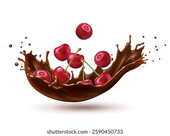 3d realistic vector icon illustration. Chocolate strawberry milk. Choco splash with strawberries falling. Isolated n white background. Dairy products or cocoa with strawberries.