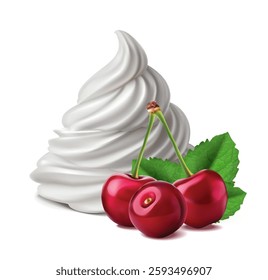 3d realistic vector icon illustration. White whipped cream with whole cherry with leaves.