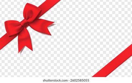 3d realistic vector icon illustration. Red silky ribbon with a bow. Isolated gift present red silk bow design element for holidays, gift boxes, satin warping decor.