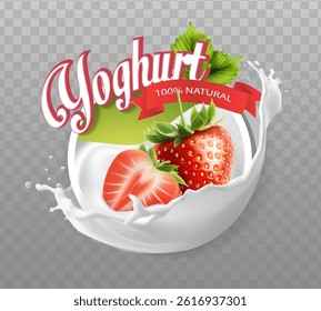 3d realistic vector icon illustration. Creamy yogurt or milk splash with strawberries. Berry milk splash.