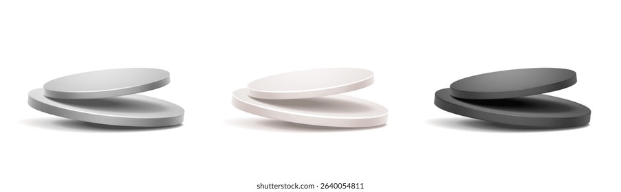 3d realistic vector icon illustration. Set of modern presentation and showcase podiums in white, gray and black color. Isolated on white.