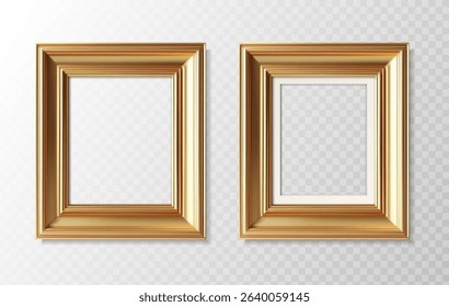 3d realistic vector icon illustration. Set of golden picture frames with paper frame and without.