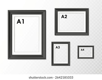 3d realistic vector icon illustration. Set of black picture frames in rectangular shape in different sizes A2, A3, A1, A4. Isolated on transparent background.