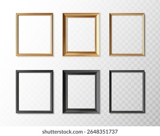 3d realistic vector icon illustration. Picture frames in gold and black color, wide and slim. Isolated on transparent background.