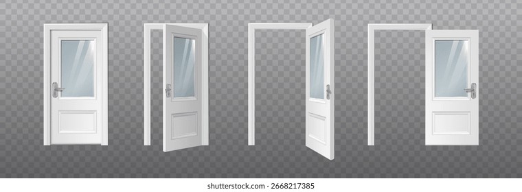 ilustração de ícone de vetor 3d realista. Porta frontal de madeira branca aberta e estágios de porta fechada. Isolado.