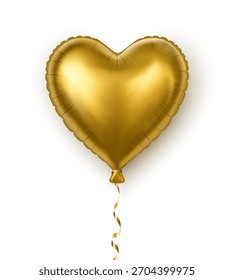 3d realistic vector icon illustration. Golden inflated glossy heart shape ballon. Isolated on white background.