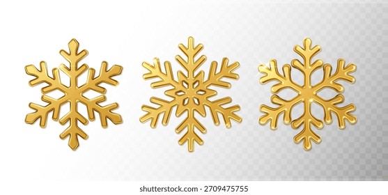 3d realistic vector icon illustration. Set of sparkly golden snowflakes on transparent background.