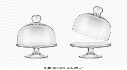 Ilustración realista del icono del Vector 3D. Soporte de pastel de vidrio transparente cloche cerrado y abierto sobre fondo transparente.