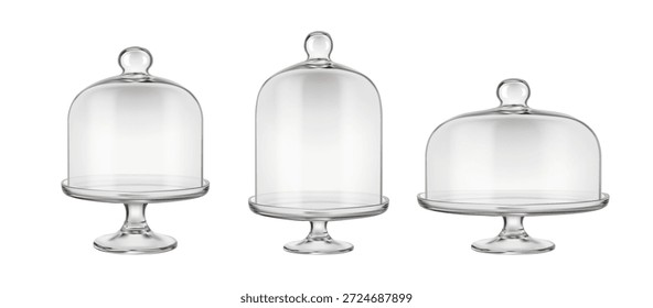3d realistic vector icon illustration. Set of transparent glass cloche, cake stands isolated on white background.