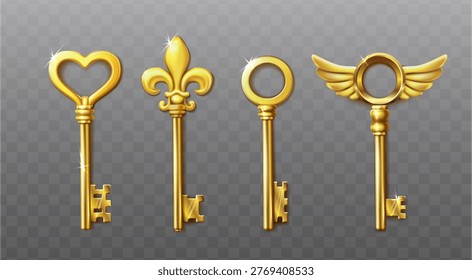 3d realistic vector icon illustration. Set of magic vintage keys isolated.