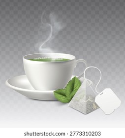 3d realistic vector icon illustration. Green tea white cup with triangular tea bag.