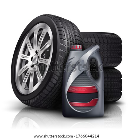 3d realistic vector icon illustration of car tiers together with car oil plastic bottle. Isolated on white background.