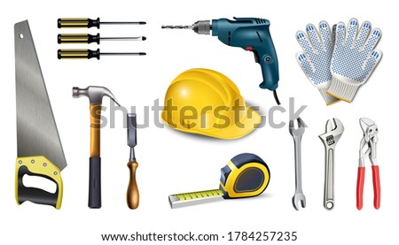 3d realistic vector icon illustration of worker utensils. Isolated on white background. Instruments, meter, screwier, drill,