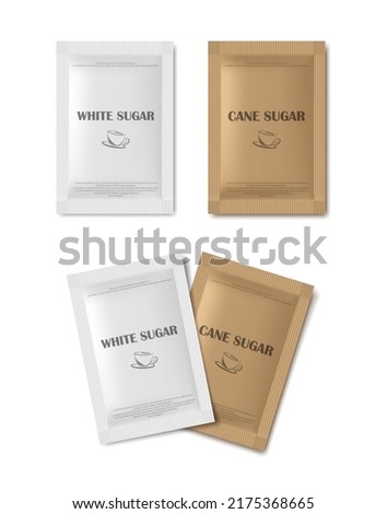 3d realistic vector icon illustration. Rectangular sugar sachet. Cane and white sugar.