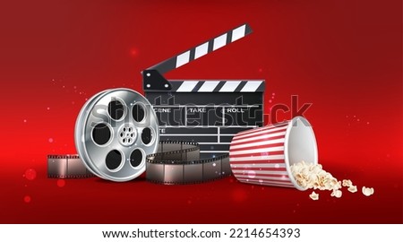 3d realistic vector icon illustration. Movie night time background. With red bucket of popcorn, movie clap board, movie roll. Isolated on red background.