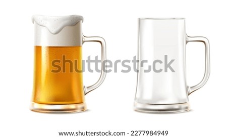 3d realistic vector icon illustration. Beer mug with foam and empty glass mug. isolated on white background.