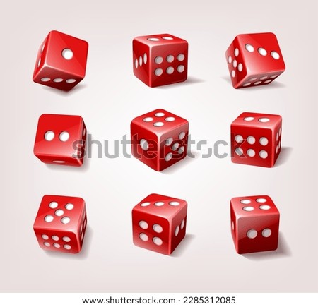 3d realistic vector icon illustration. Collection of red poker dice cubes.