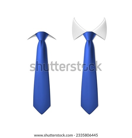 3d realistic vector icon illustration set. Blue silk neck tie with white collar.
