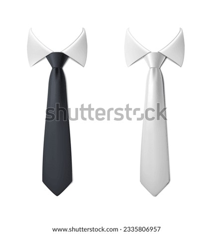 3d realistic vector icon illustration set. Black and white neck tie with white collar bow.
