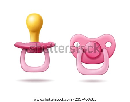 3d realistic vector icon illustration set. Pink cute baby girl pacifier in side and front view. Isolated on white.